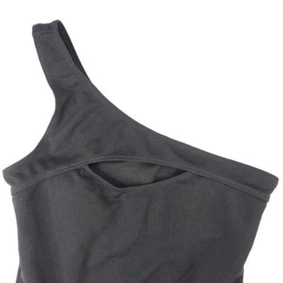 Black One Shoulder Cutout Ribbed Bodysuit Size M - Thumbnail 5