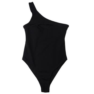 Black One Shoulder Cutout Ribbed Bodysuit Size M - Thumbnail 2