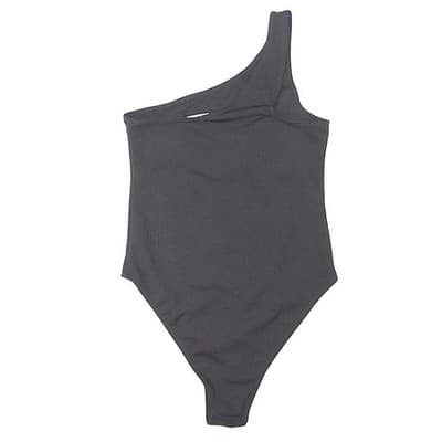 Black One Shoulder Cutout Ribbed Bodysuit Size M - Thumbnail 4