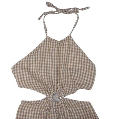 Tan White Gingham Halter Cutout Ring Detail Mini Dress - Thumbnail 3