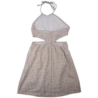 Tan White Gingham Halter Cutout Ring Detail Mini Dress - Thumbnail 2