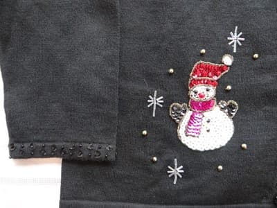 Black Women's Cardigan Sweater with Beaded Snowman Embellishments - Thumbnail 3