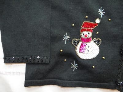 Black Women's Cardigan Sweater with Beaded Snowman Embellishments - Thumbnail 4
