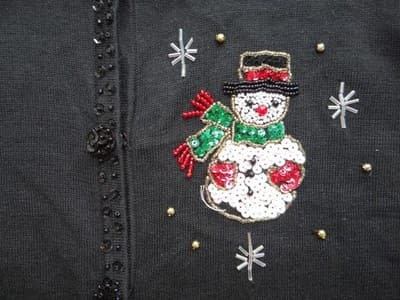 Black Women's Cardigan Sweater with Beaded Snowman Embellishments - Thumbnail 5