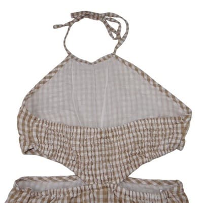 Tan White Gingham Halter Cutout Ring Detail Mini Dress - Thumbnail 4