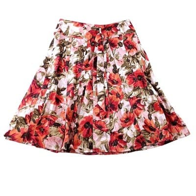 Grace Elements Red Floral Cotton A-Line Belted Skirt Womens Size 10 Pleated Knee - Thumbnail 3