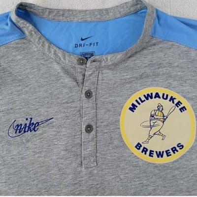 Nike Milwaukee Brewers Cooperstown Collection Henley Shirt Mens XL Grey Blue - Thumbnail 4