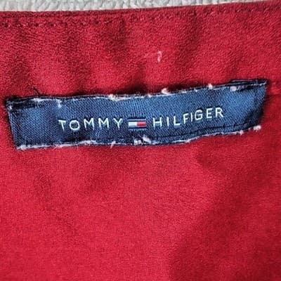 Tommy Hilfiger Womens Red Sleeveless Split Neck Tie Blouse Navy Trim - Thumbnail 2