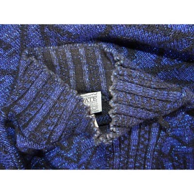 Vintage PRIVATE EYES Sparkle Blue Black Geometric Mock Neck Knit Sweater Women's - Thumbnail 7