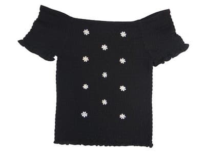 Y2K Crave Fame Black Off-Shoulder Smocked Top with White Floral Embroidery XL