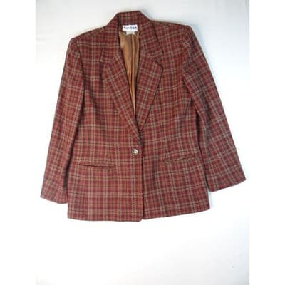 Vintage Joan Leslie Women's Plaid Blazer Jacket Sz14 Red Brown Gold Tweed Lined - Thumbnail 4