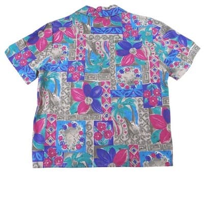 Vintage Vibrant Womens Abstract Floral Print Short Sleeve Button Up Shirt - Thumbnail 3