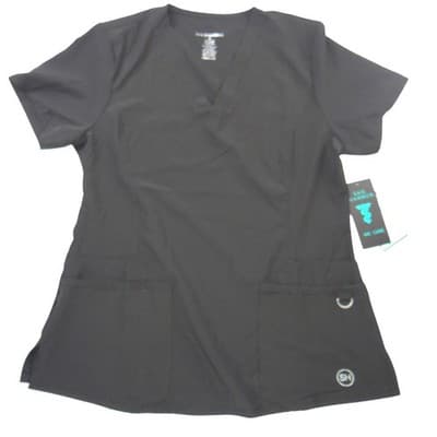 NWT-Sag Harbor We Care Black V-Neck Scrub Top Medical Uniform 4-Way Stretch Med