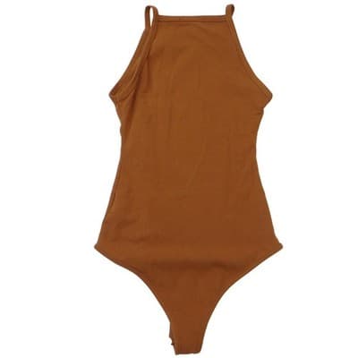 REORIA Brown High Neck Halter Ribbed Thong Bodysuit Small Sleeveless Snap Gusset - Thumbnail 3