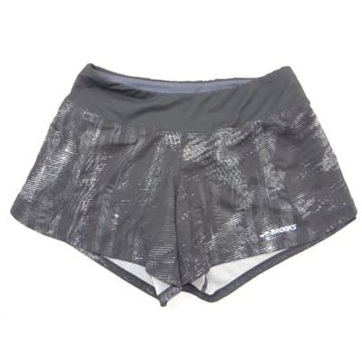 Brooks Womens Running Shorts Black Grey Abstract Streak Pattern Reflective Logo