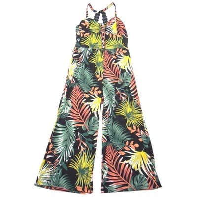 No Boundaries Womens Tropical Palm Print Wide Leg Jumpsuit Black Large 11-13