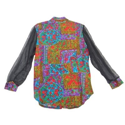 My Favorites Vintage Patchwork Blouse Sheer Mesh Sleeves Heart Buttons Large - Thumbnail 3