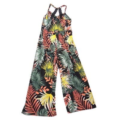 No Boundaries Womens Tropical Palm Print Wide Leg Jumpsuit Black Large 11-13 - Thumbnail 3