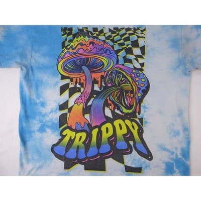 Gildan Tie Dye Mushroom Trippy Graphic Tee Shirt Blue White Size Medium - Thumbnail 4