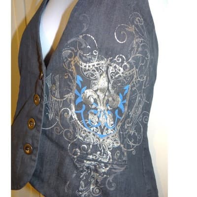 Y2k Womens Dark Wash Denim Halter Vest Fleur-de-lis Graphic Button Up Blue - Thumbnail 3