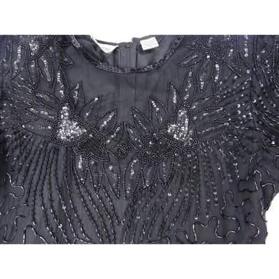 Vintage Stunning BeautiBlack Beaded Sequined Dress Short Sleeve Cocktail Party M - Thumbnail 3