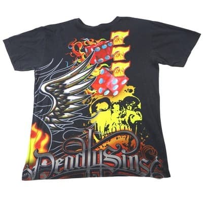Deadly Sins Graphic T Shirt Black Red Skull Dice Flames Tattoo Punk Rock Mens L - Thumbnail 3