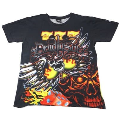 Deadly Sins Graphic T Shirt Black Red Skull Dice Flames Tattoo Punk Rock Mens L