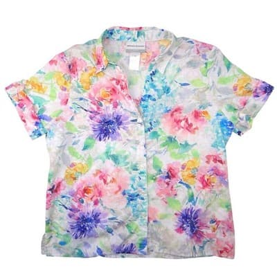 Alfred Dunner Petite Floral Print Short Sleeve Button Up Shirt Women's PS