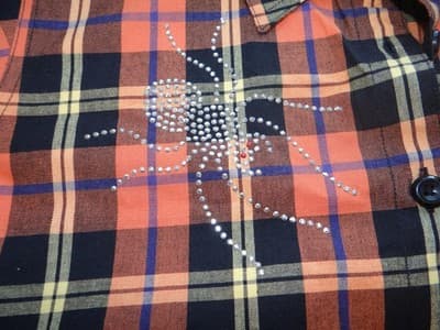 Women's Long Sleeve Plaid Button-Up Shirt with Rhinestone Spider Detail - Thumbnail 2