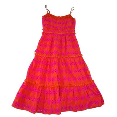 J.Crew Orange Pink Floral Eyelet Tiered Midi Dress Button Front Womens Size 0 - Thumbnail 3