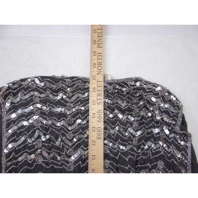 Vintage B'way Rose Vintage 100% Silk Beaded Sequin Vest Black Silver Chevron-ish - Thumbnail 9
