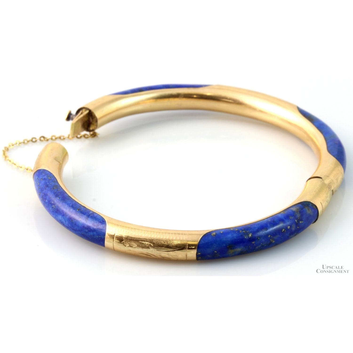 Vintage 14K Gold & Lapis Hinged Bangle | Natural Pyrite Inclusions - Size 7 - Thumbnail 5