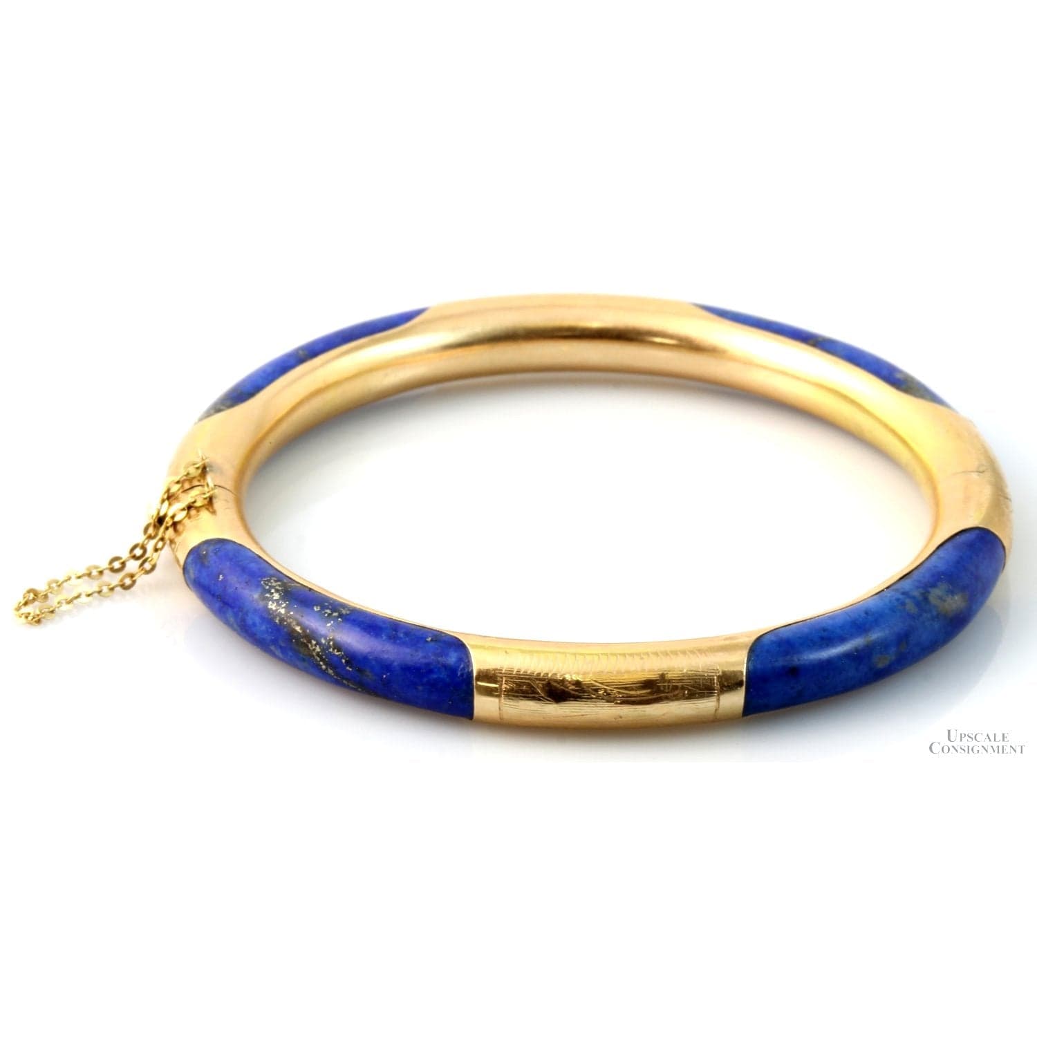Vintage 14K Gold & Lapis Hinged Bangle | Natural Pyrite Inclusions - Size 7