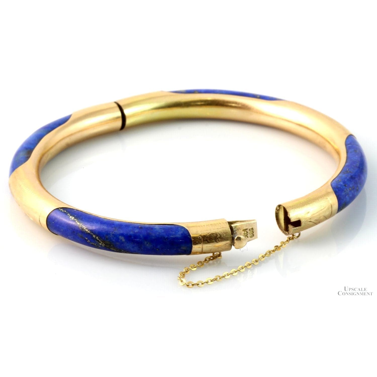 Vintage 14K Gold & Lapis Hinged Bangle | Natural Pyrite Inclusions - Size 7 - Thumbnail 6