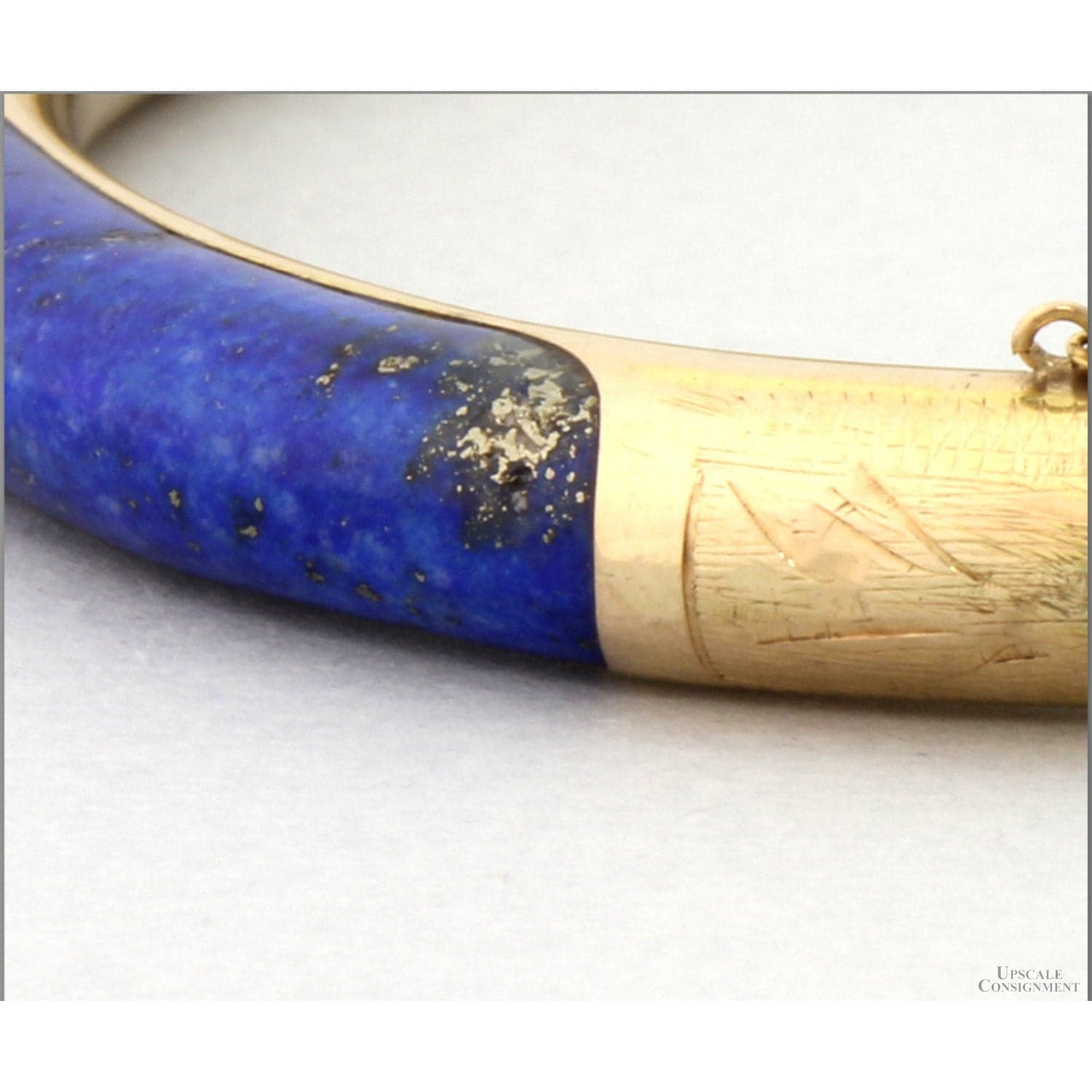 Vintage 14K Gold & Lapis Hinged Bangle | Natural Pyrite Inclusions - Size 7 - Thumbnail 4