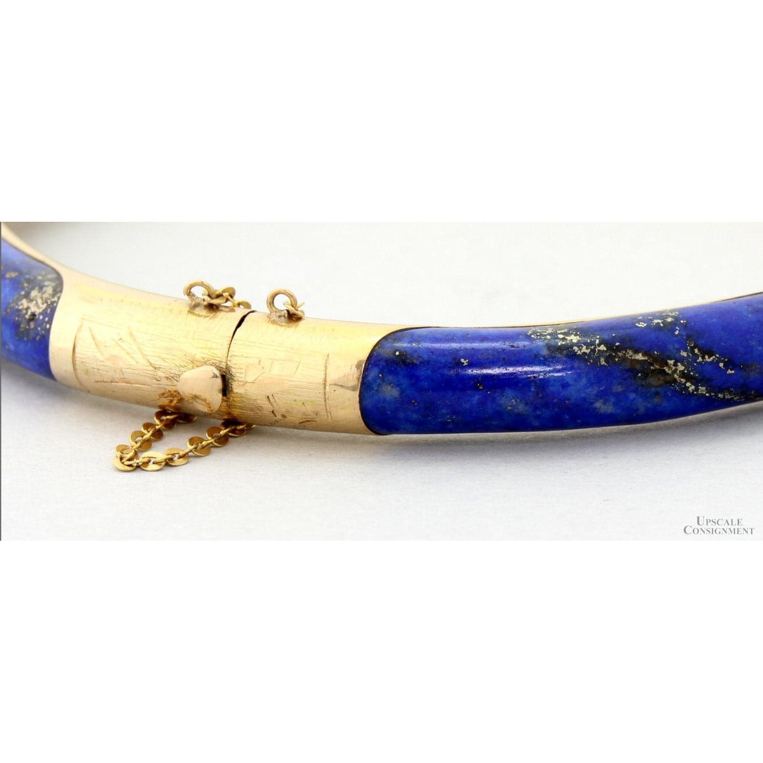 Vintage 14K Gold & Lapis Hinged Bangle | Natural Pyrite Inclusions - Size 7 - Thumbnail 3