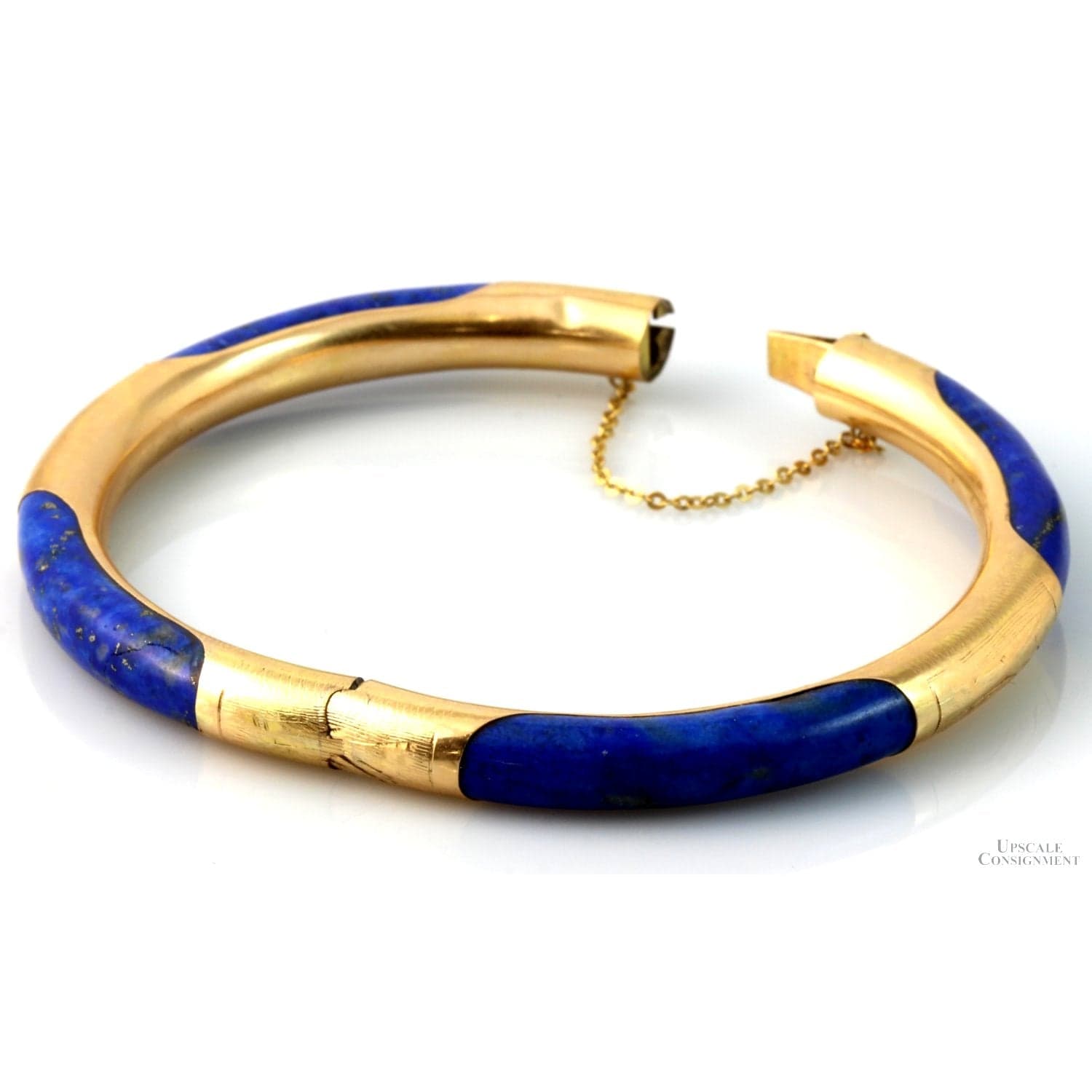 Vintage 14K Gold & Lapis Hinged Bangle | Natural Pyrite Inclusions - Size 7 - Thumbnail 2