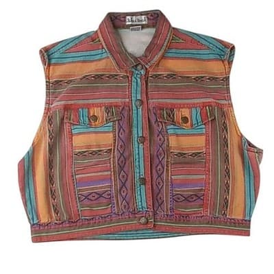 VTG Take a Break Western Aztec Print Denim Vest Women's XL Sleeveless Button Up