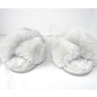 Nicole Miller New York Womens Faux Fur Criss Cross Slippers Grey Size M 6.5-7.5 - Thumbnail 4