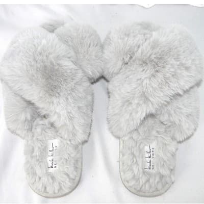 Nicole Miller New York Womens Faux Fur Criss Cross Slippers Grey Size M 6.5-7.5 - Thumbnail 6