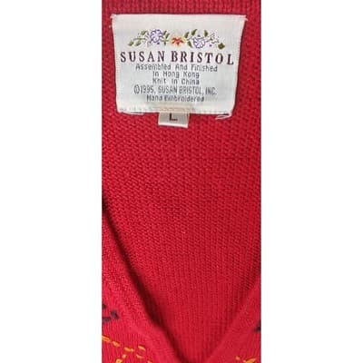 Vintage Susan Bristol Red Embroidered V Neck Button Sleeveless Vest Femme L - Thumbnail 2
