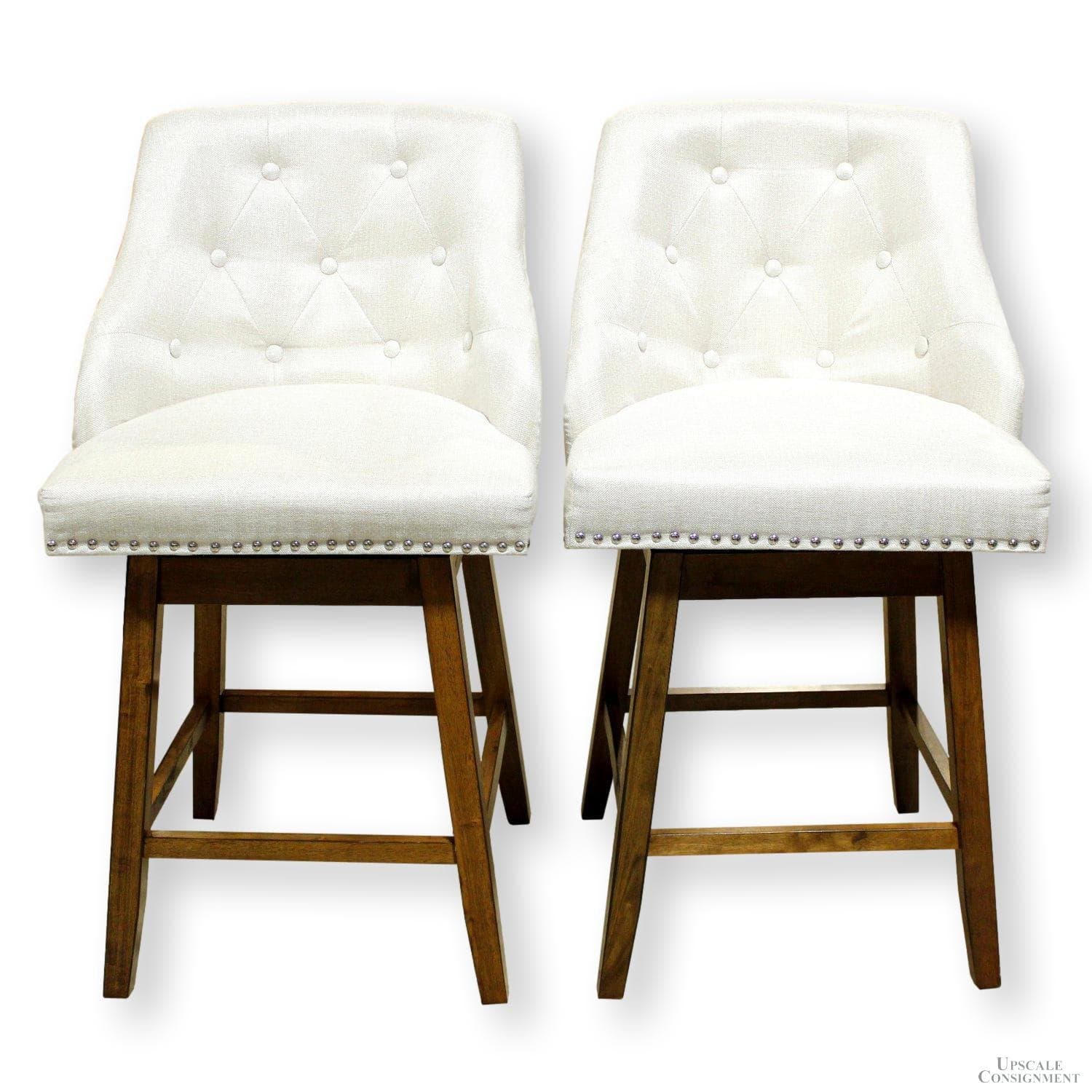 Pair of Button Tufted Swivel Counter Stools - Default Title / Pearl White