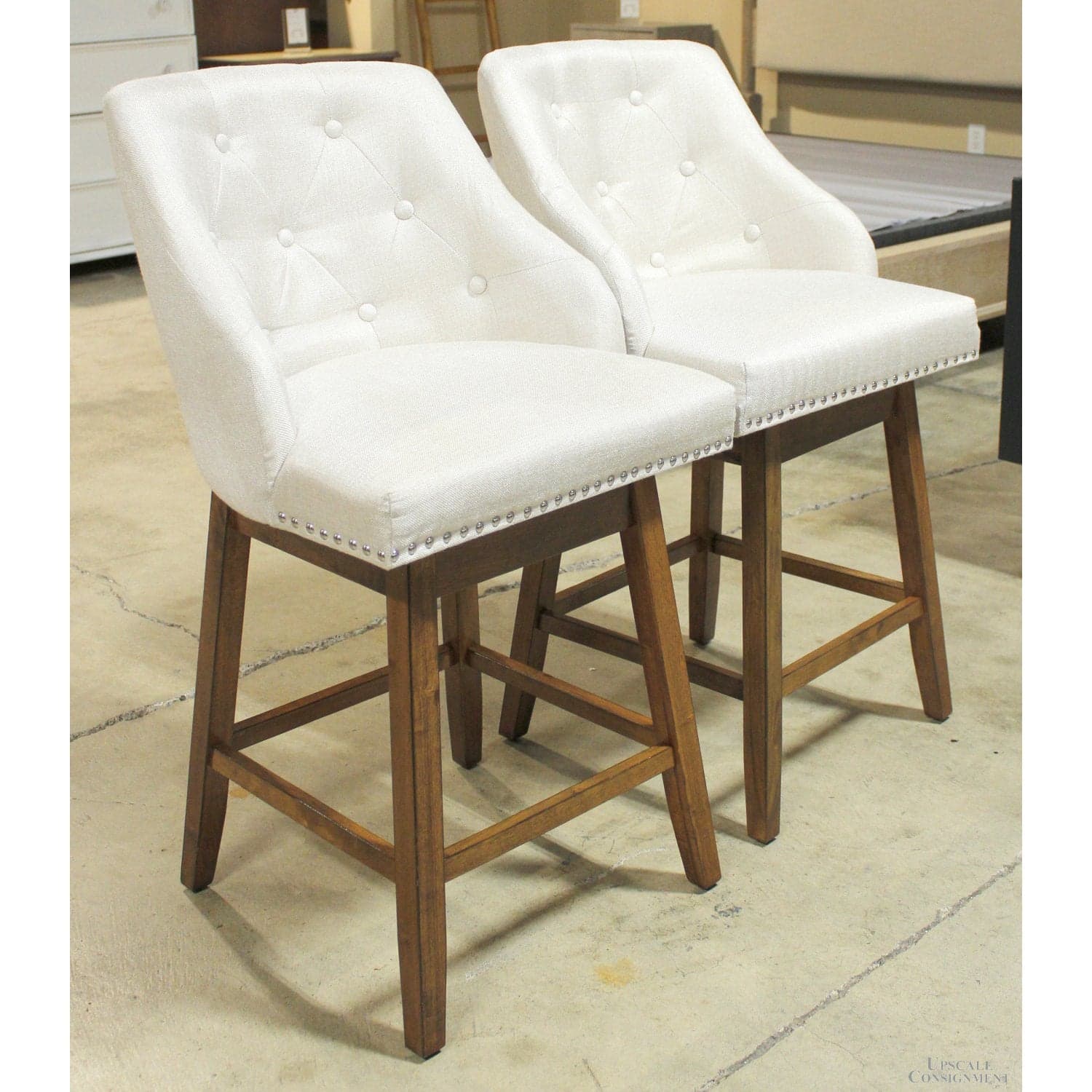 Pair of Button Tufted Swivel Counter Stools - Default Title / Pearl White - Thumbnail 2