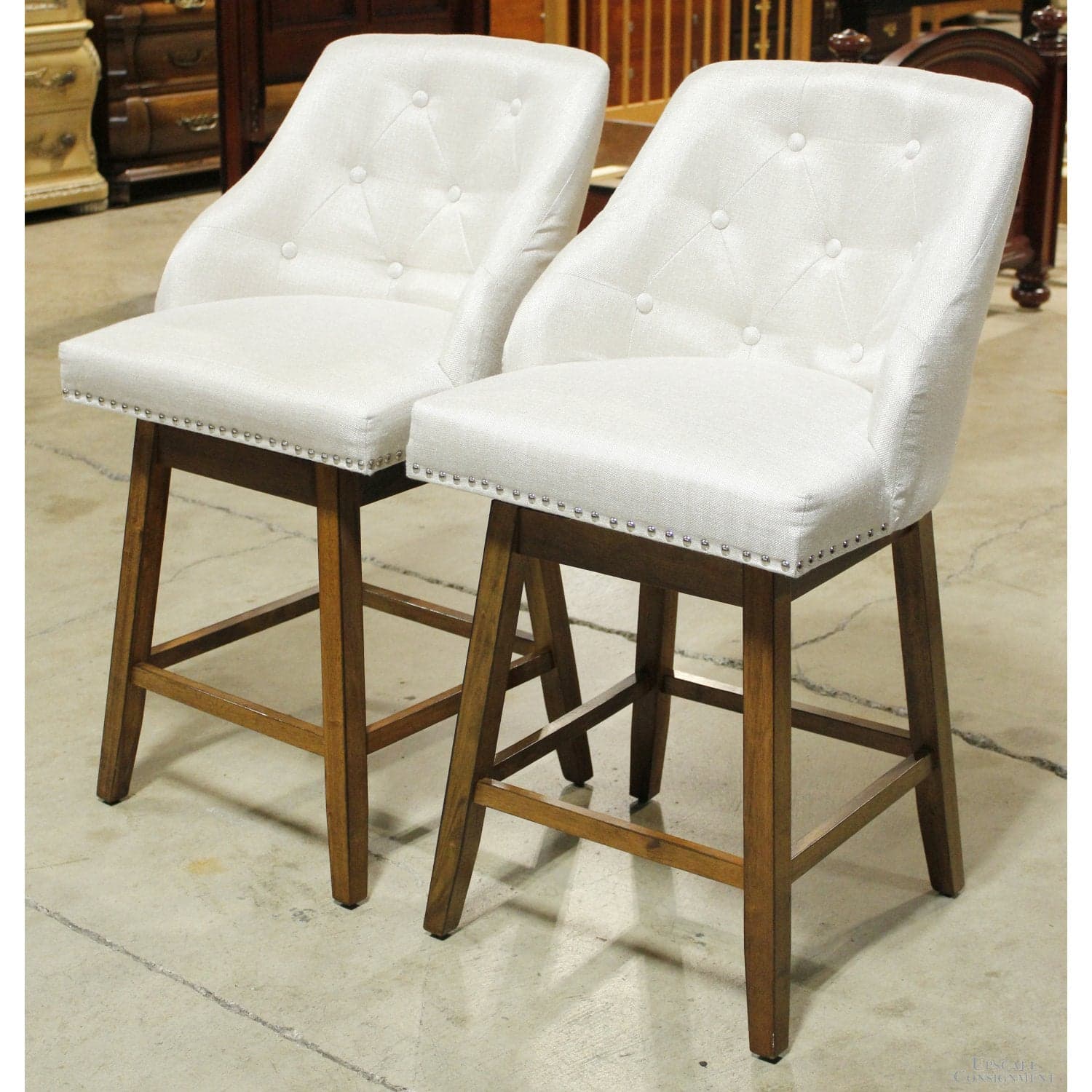 Pair of Button Tufted Swivel Counter Stools - Default Title / Pearl White - Thumbnail 3