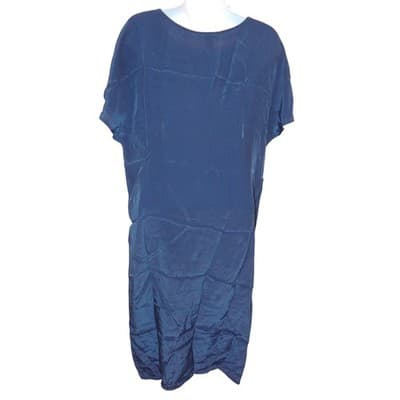 Teal Blue Satin Lace Inset Shift Dress Short Sleeve Knee Length Relaxed Fit - Thumbnail 2