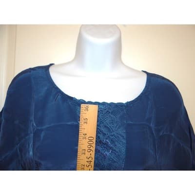 Teal Blue Satin Lace Inset Shift Dress Short Sleeve Knee Length Relaxed Fit - Thumbnail 4
