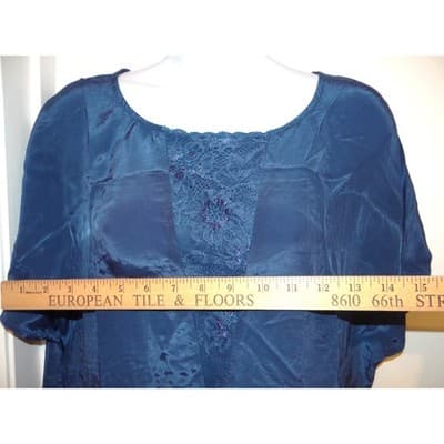 Teal Blue Satin Lace Inset Shift Dress Short Sleeve Knee Length Relaxed Fit - Thumbnail 3