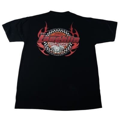 Vintage Men's Black Biker Skull Flames Laughlin River Run 2001 Motorcycle Shirt - Thumbnail 3