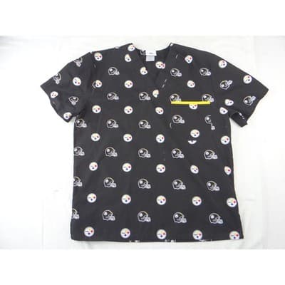 NFL Team Apparel Pittsburgh Steelers Scrub Top Womens Black V-Neck Logo Print L