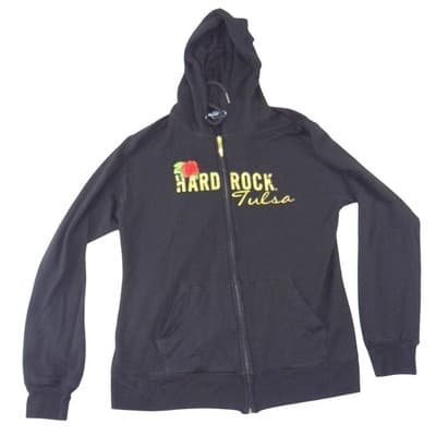 Hard Rock Tulsa Zip Up Hoodie Womens Large Black Gold Foil Rose Sequin